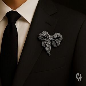 Men’s Bow Bro-Brooch - Marcasite Style Lapel Pin in Silver Tone Openwork